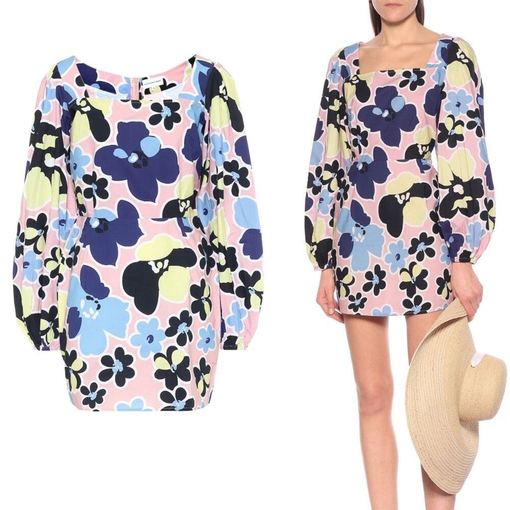 NEW Alexandra Miro Floral Print Long Sleeve Square Neck Cotton Mini Dress XS